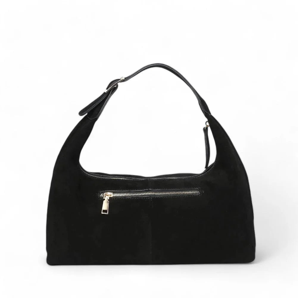 Black suede Chic Maple Shoulder Hobo Bag featuring silver zipper detail