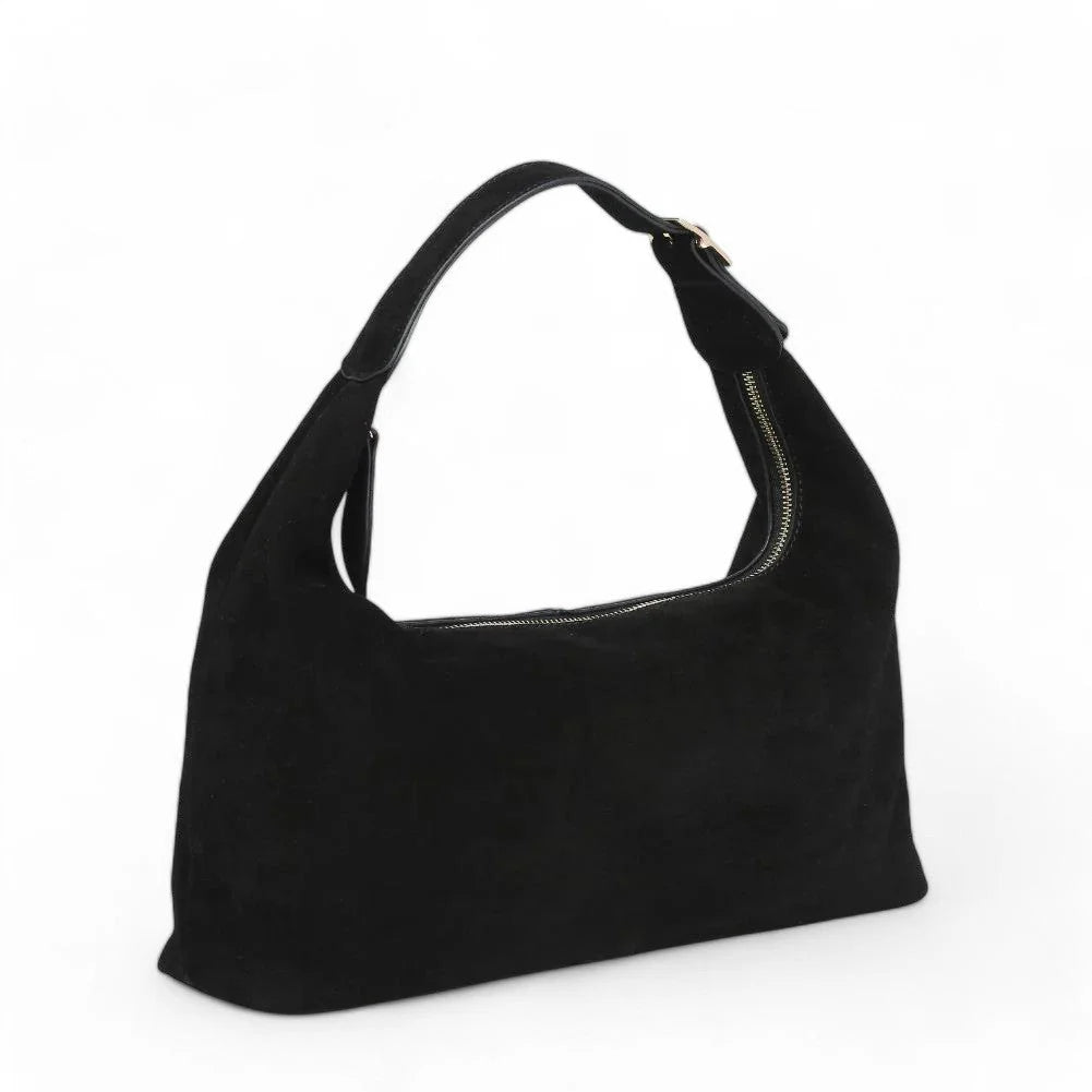 Black suede Chic Maple Shoulder Hobo Bag with a stylish curved handle