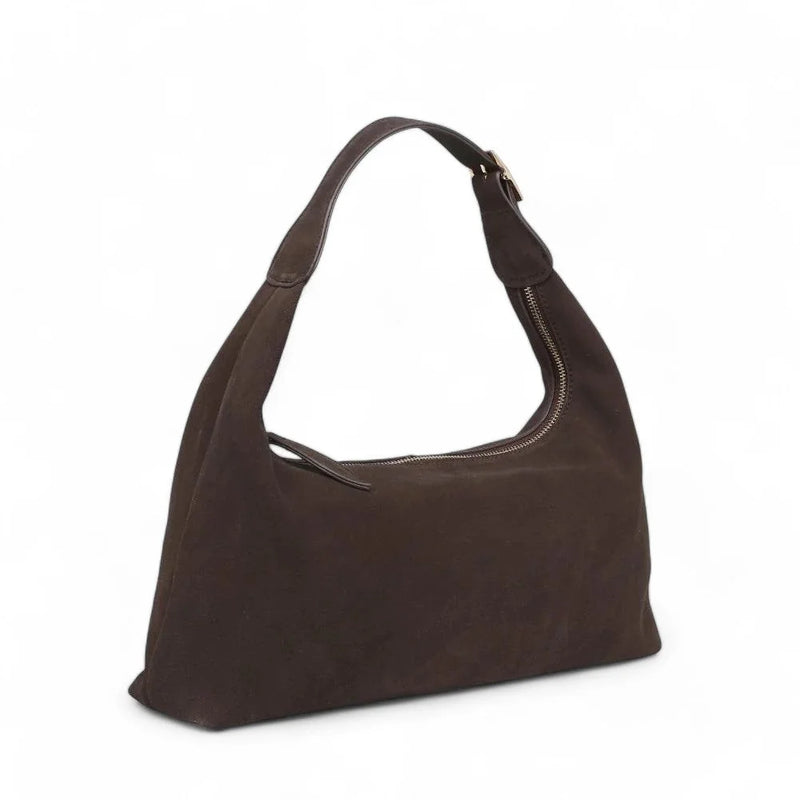 Brown suede Chic Maple Shoulder Hobo Bag with a curved shoulder strap