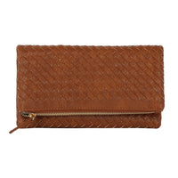 Brown leather Chic Zipper Braid Crossbody Clutch with woven texture and gold zipper detail