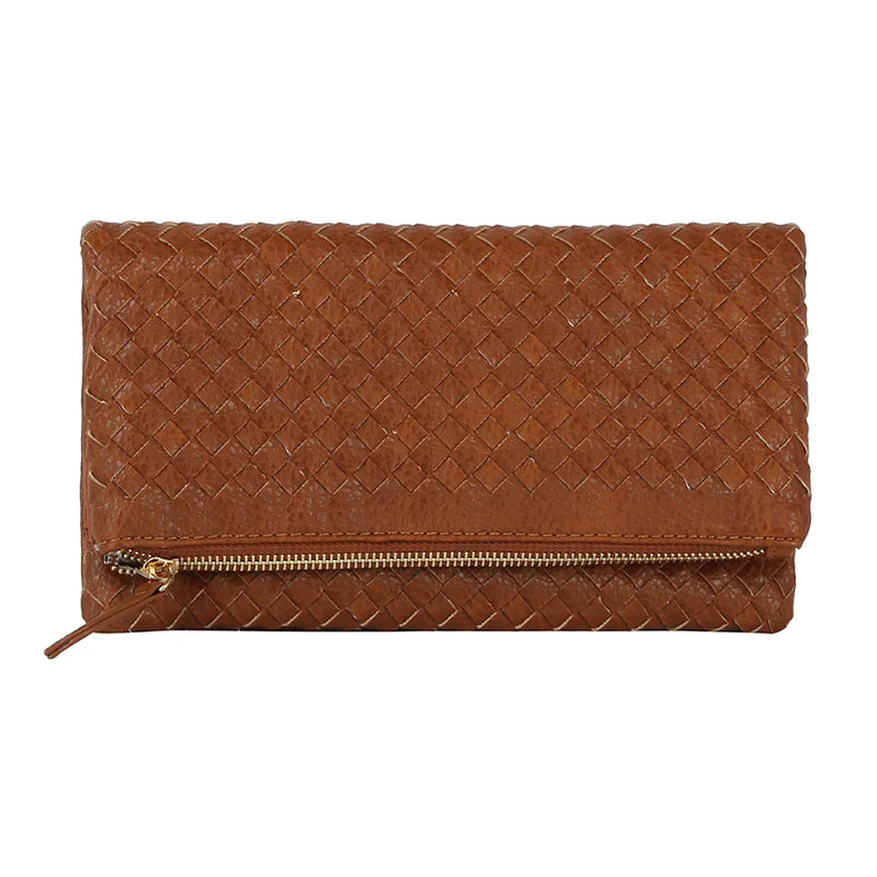 Brown leather Chic Zipper Braid Crossbody Clutch with woven texture and gold zipper detail