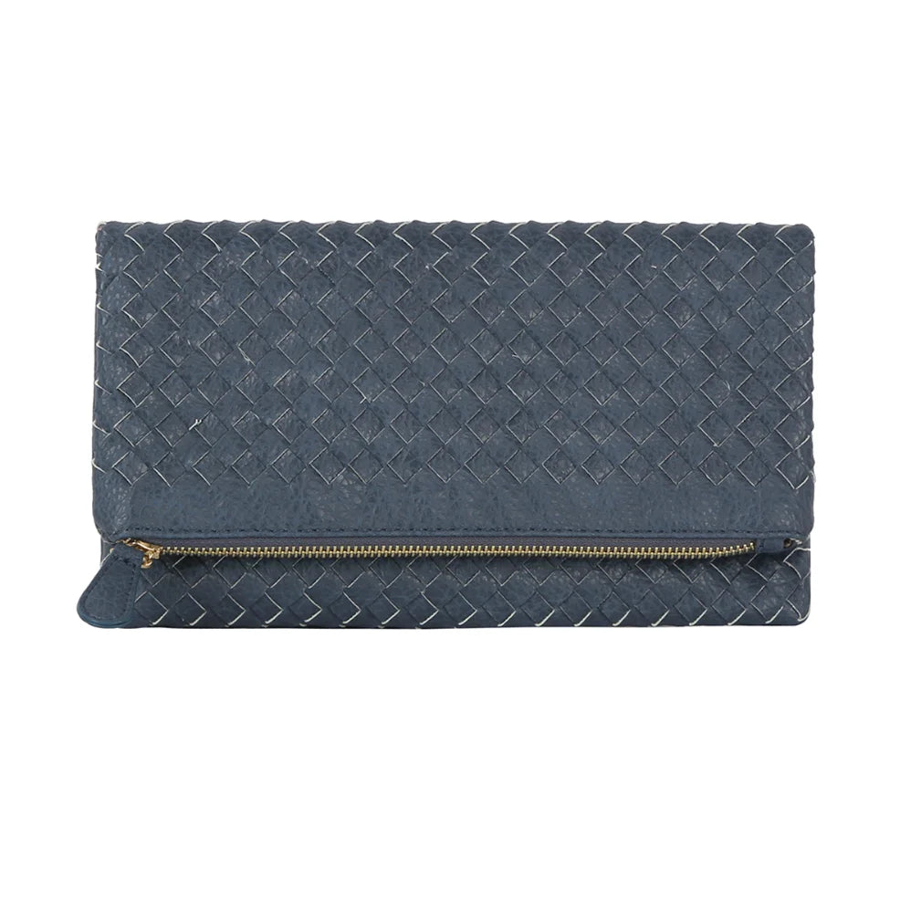 Blue woven leather Chic Zipper Braid Crossbody Clutch with gold zipper closure