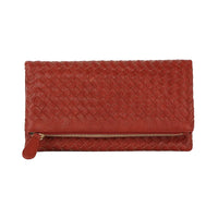 Red leather crossbody clutch with woven texture and gold zipper detail