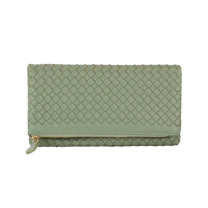 Mint green woven leather clutch purse with fold-over top, Chic Zipper Braid Crossbody Clutch