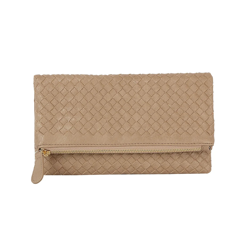 Beige woven leather Chic Zipper Braid crossbody clutch with fold-over top and zipper closure