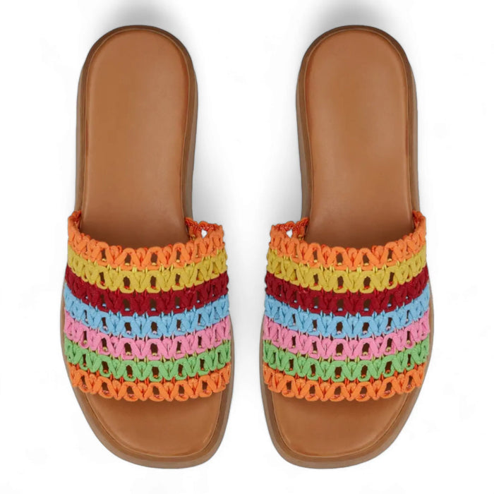 Colorful crochet wide band wedge sandals with rainbow-striped uppers and brown soles