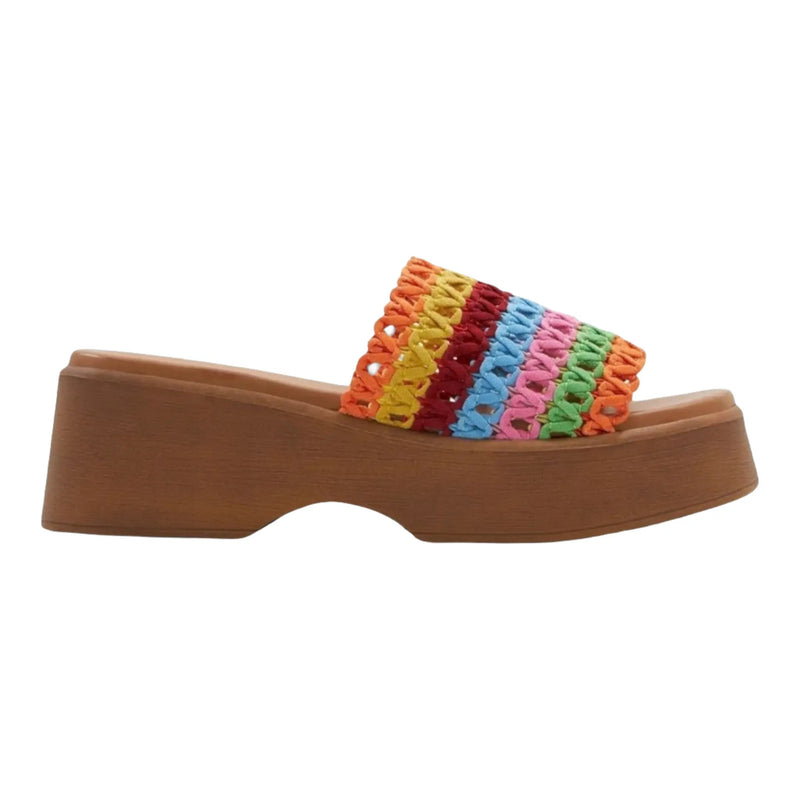 Colorful woven platform sandal with chunky brown sole, perfect Wide Band Wedge style