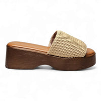 Platform sandal featuring a woven beige upper and wooden-look sole in Wide Band Wedge