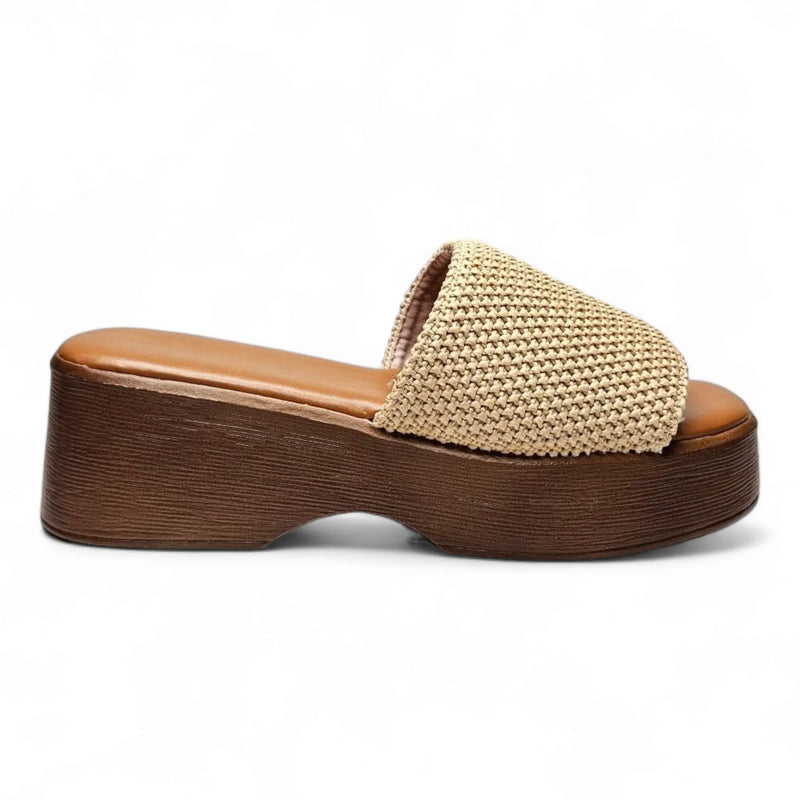 Platform sandal featuring a woven beige upper and wooden-look sole in Wide Band Wedge