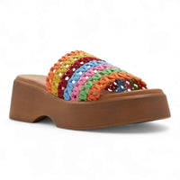 Colorful woven platform sandal with chunky wooden sole from the Wide Band Wedge collection