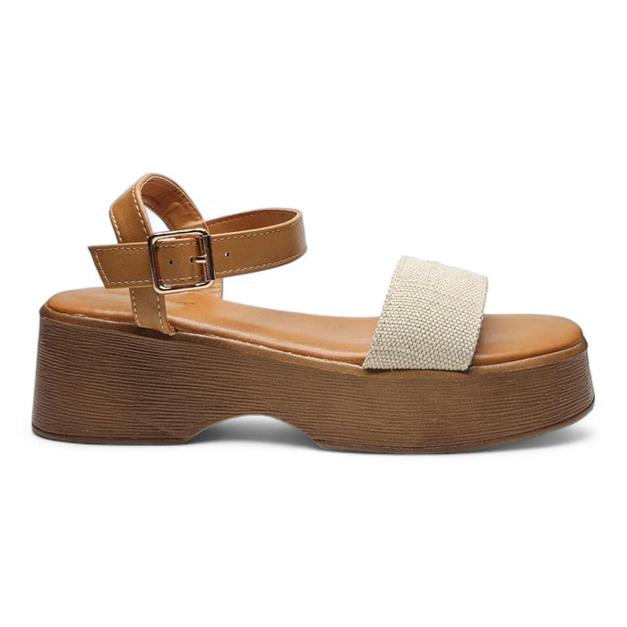 Platform sandal featuring a tan leather ankle strap and beige fabric front strap, Chipper One Band Wedge