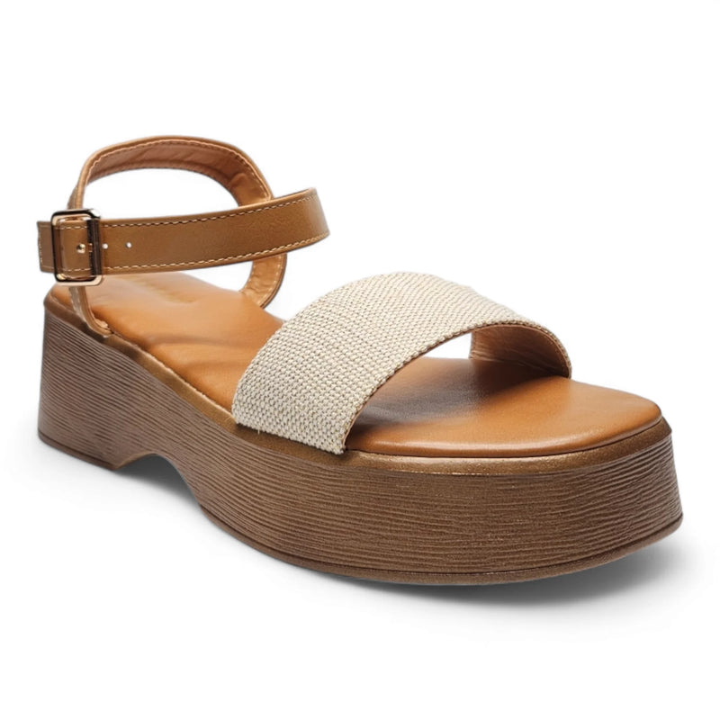 Chipper One Band Wedge featuring beige fabric and brown leather on a wooden sole