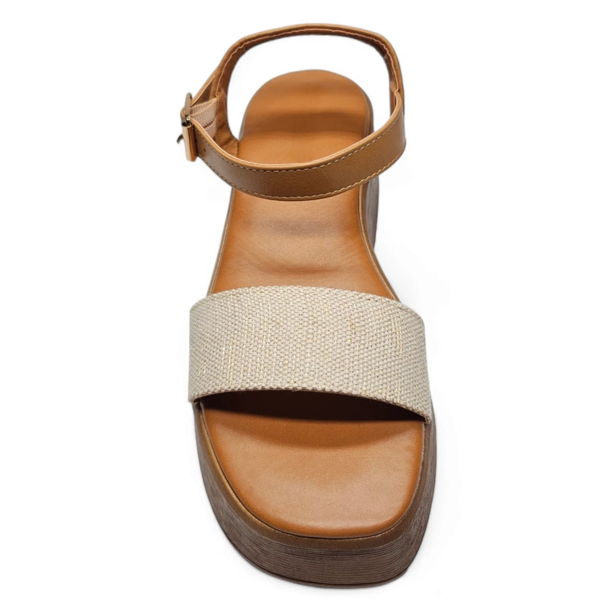 Chipper One Band Wedge featuring beige fabric strap and brown leather ankle strap