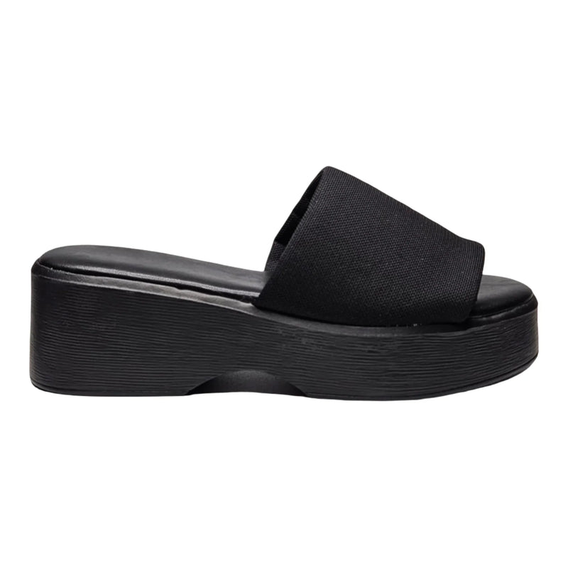 Black Platform Slide Sandal with Thick Sole and Wide Strap for Wide Band Wedge Style