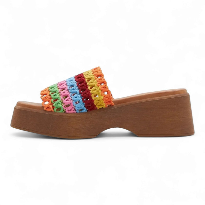 Colorful woven platform sandal with chunky brown sole for Wide Band Wedge style