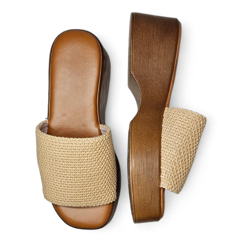 Beige woven slide sandals with wooden wedge heels from the Wide Band Wedge collection