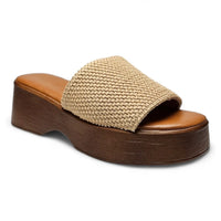 Woven platform slide sandal with thick wooden sole from Wide Band Wedge collection