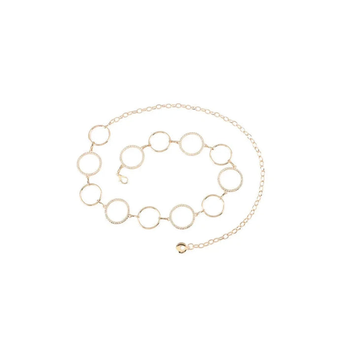 Delicate gold circle cutout chain belt featuring circular links of varying sizes