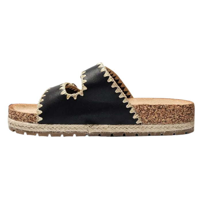 Black leather Clash Double Buckle Slide sandal with cork sole for stylish comfort