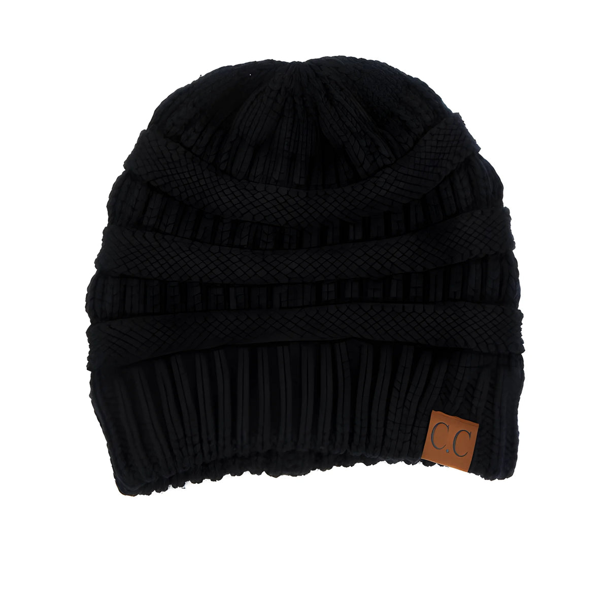 Black knit beanie with brown leather patch from Classic Fuzzy Lined CC Beanie collection