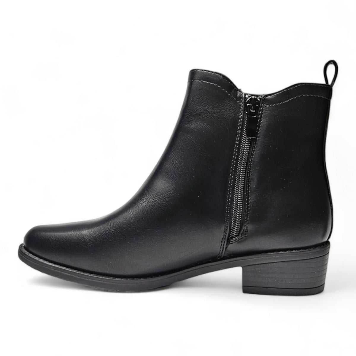 Black leather Classic Vine Bootie with side zipper and low heel for stylish comfort