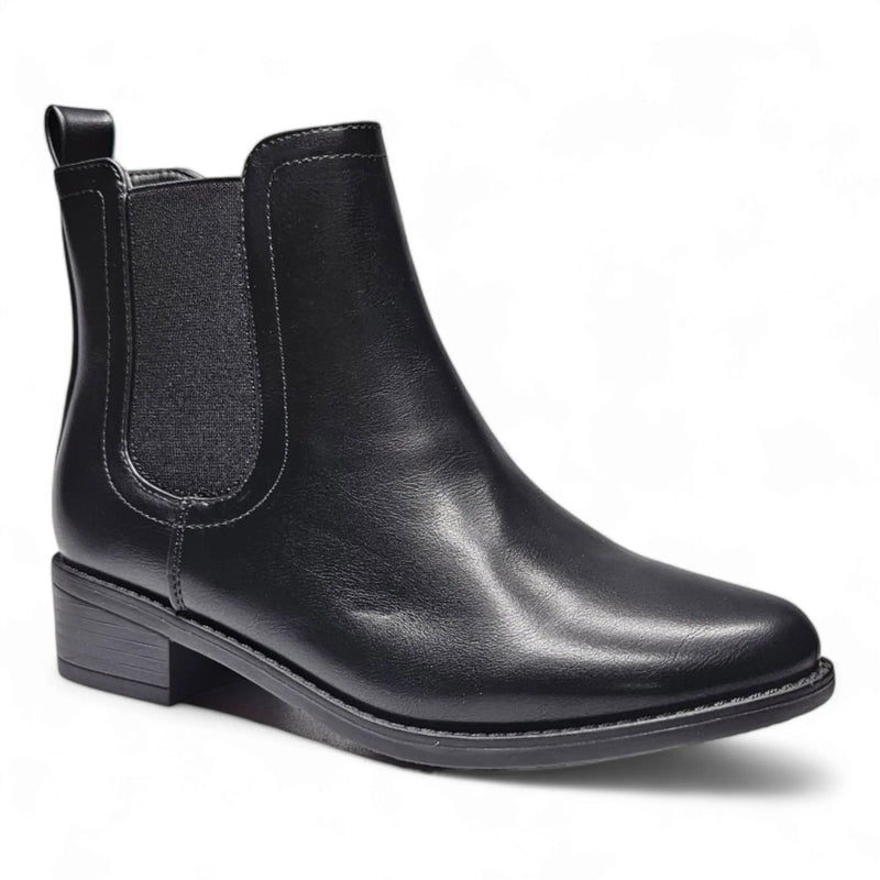 Black leather Chelsea boot with low heel and elastic side panel from Classic Vine Bootie