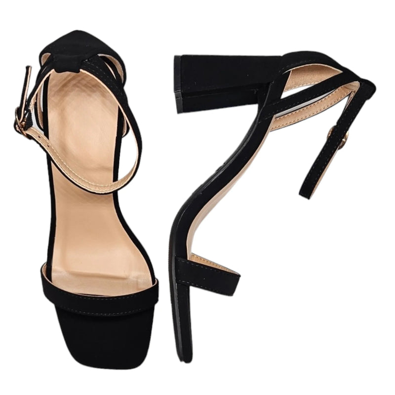 Black high-heeled sandals with ankle straps and block heel for stylish comfort