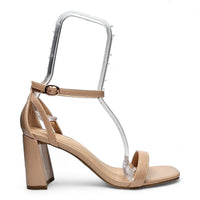 Beige block heel sandal with ankle strap and chunky heel for stylish comfort