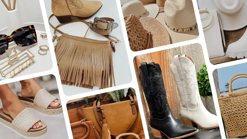 Collage of western-style fashion accessories including fringe bags, cowboy boots, sandals, and woven handbags in neutral tones.