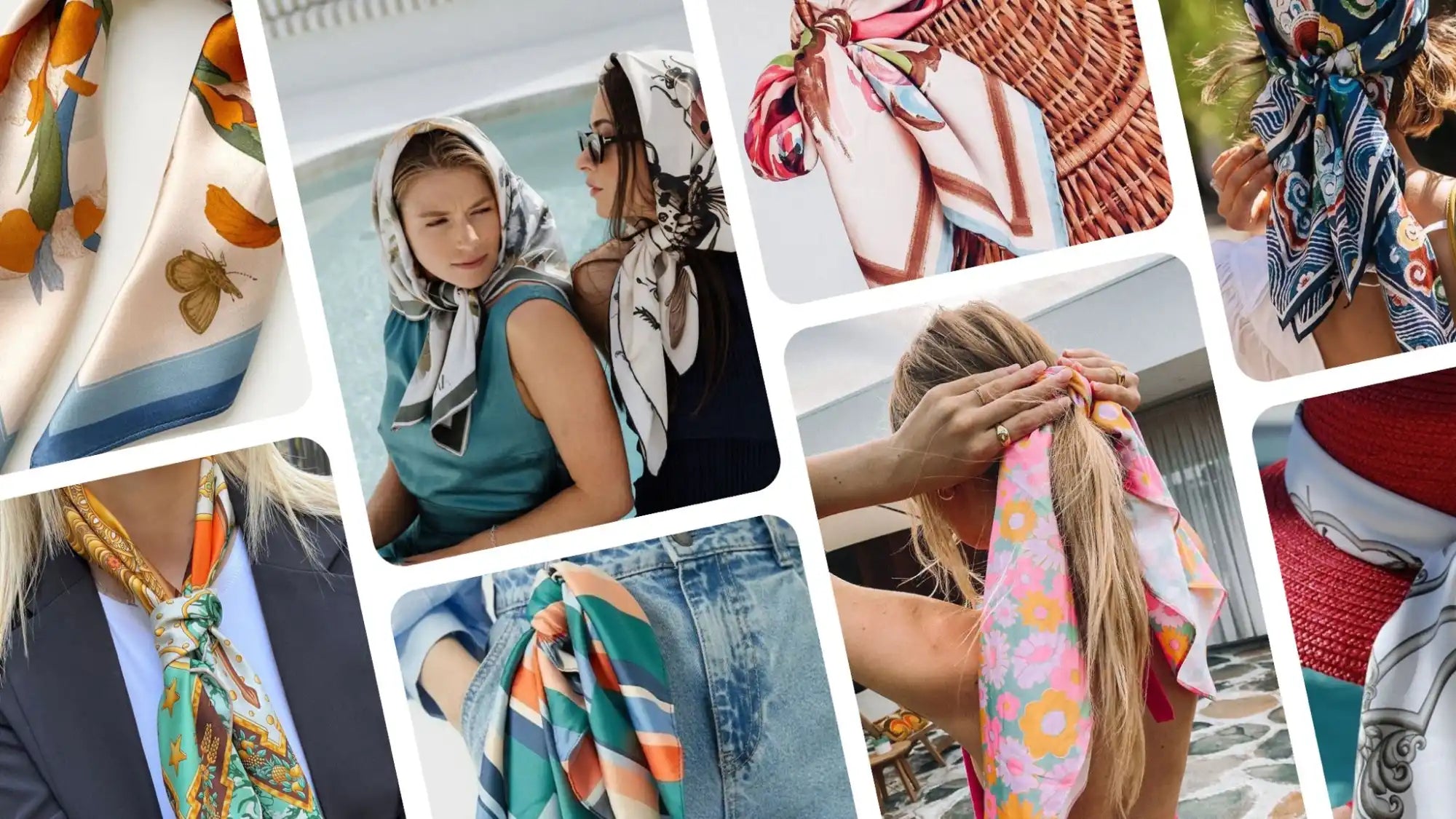 Collage of women wearing silk scarves.