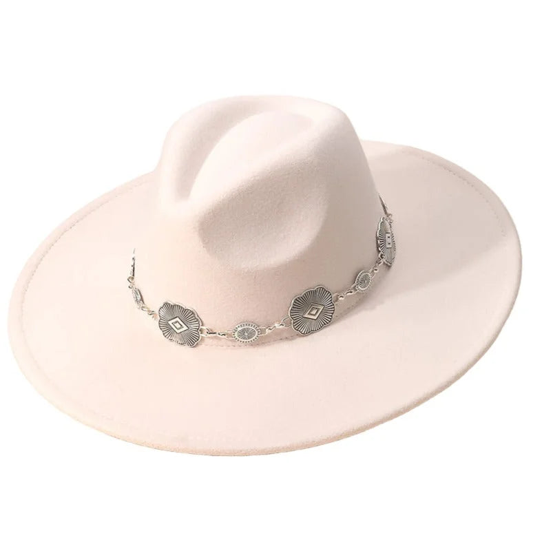 White wide-brimmed hat with silver concho chain band, perfect for any stylish outfit