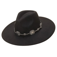 Black wide-brimmed Fedora hat with decorative metal band, featuring a concho chain flat design