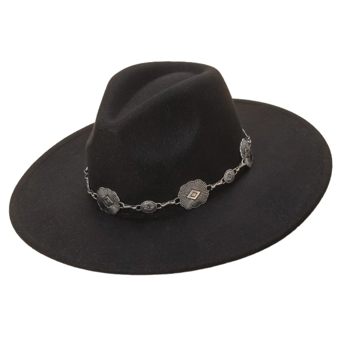 Concho Chain Flat Brim Fedora - Black