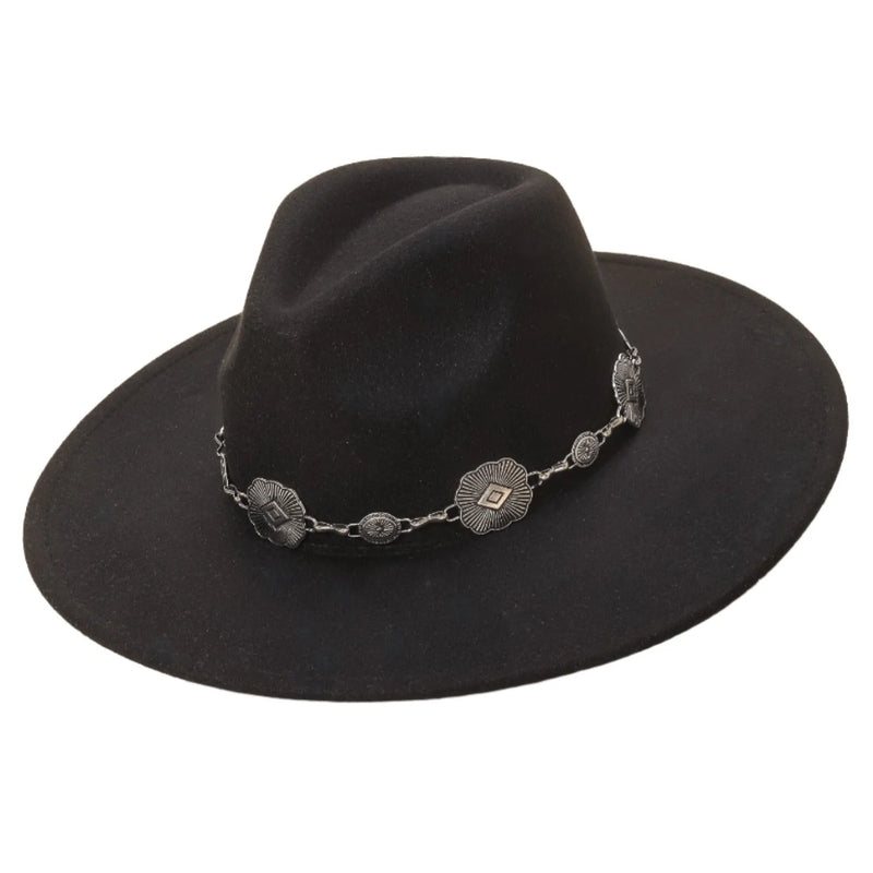 Black wide-brimmed Fedora hat with decorative metal band, featuring a concho chain flat design