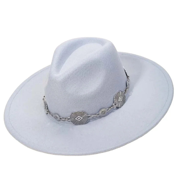 White wide-brimmed fedora hat with silver band, featuring a concho chain flat design