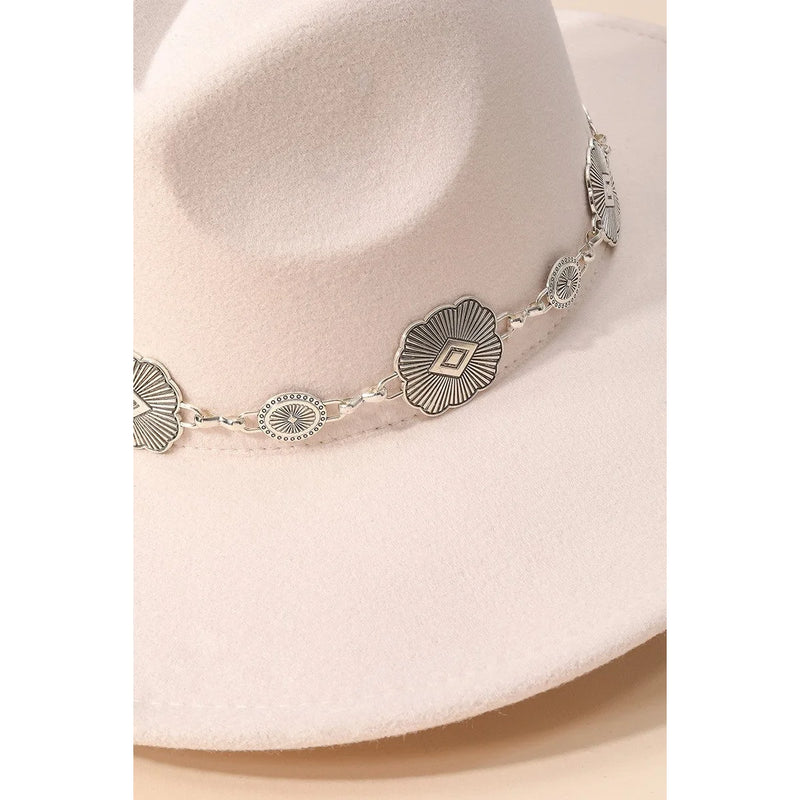 White felt cowboy hat with concho chain band, showcasing flat brim style