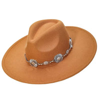 Tan felt fedora featuring a decorative silver concho chain hatband and flat brim