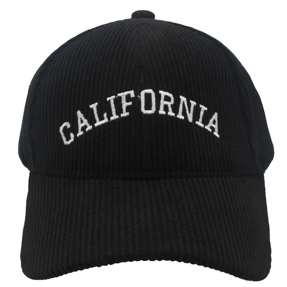 Black Corduroy California Cap with white embroidered lettering on the front