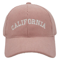 Pink Corduroy California Cap with white embroidered letters across the front