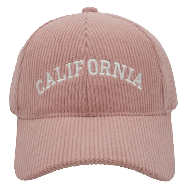 Pink Corduroy California Cap with white embroidered letters across the front