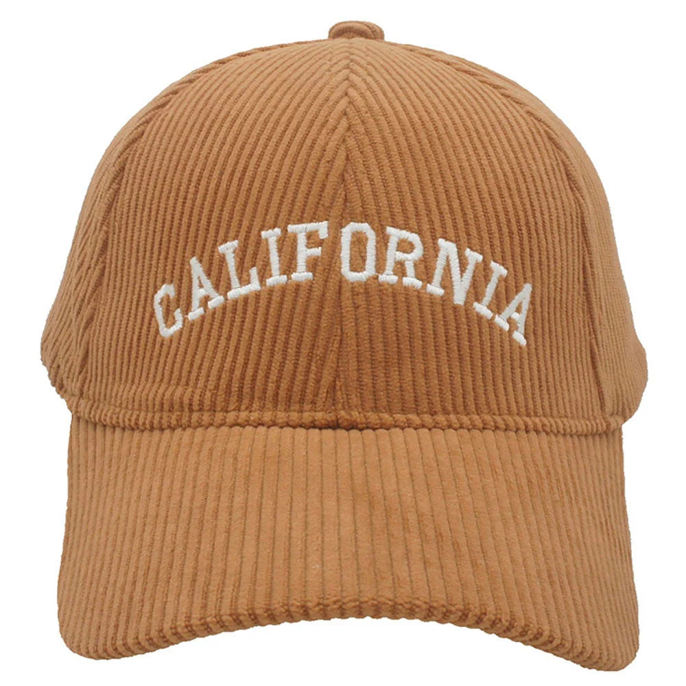 Tan Corduroy California Cap with white embroidered letters across the front