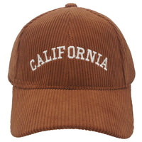 Brown Corduroy California Cap with embroidered white letters on the front