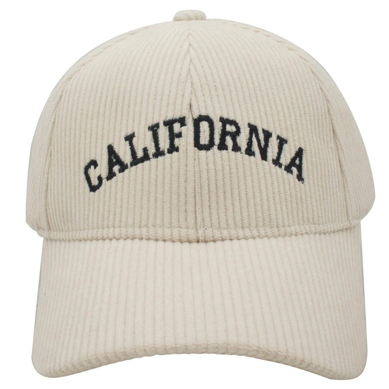 Beige Corduroy California Cap with black embroidered lettering across the front