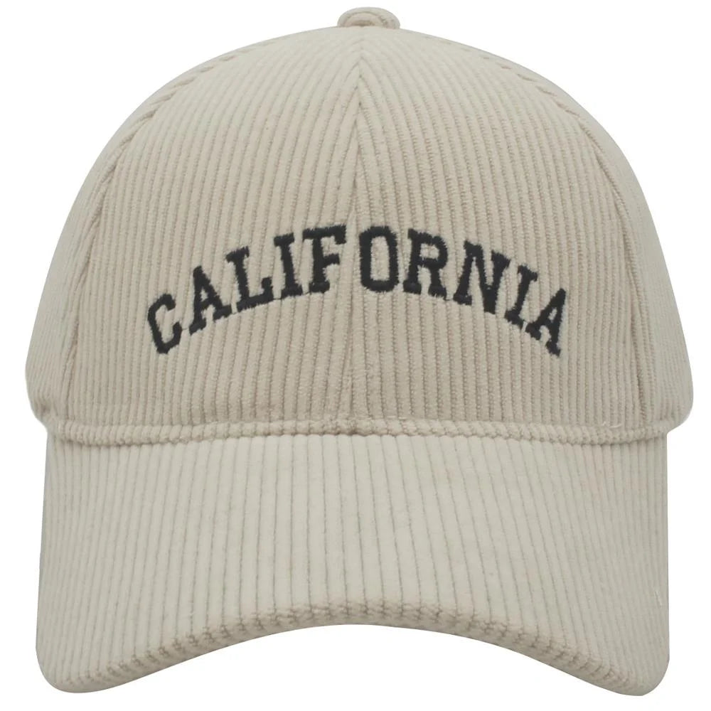 Beige Corduroy California Cap with black embroidered lettering across the front