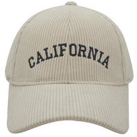 Beige Corduroy California Cap with black embroidered lettering across the front