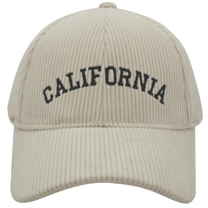 Beige Corduroy California Cap with black embroidered lettering across the front