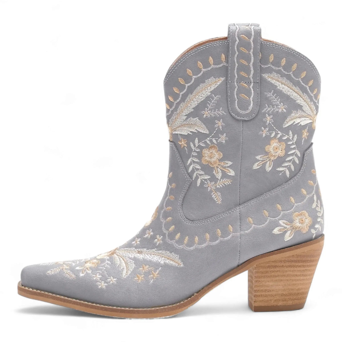 Gray Corral Cowgirl Bootie with floral embroidery and wooden heel