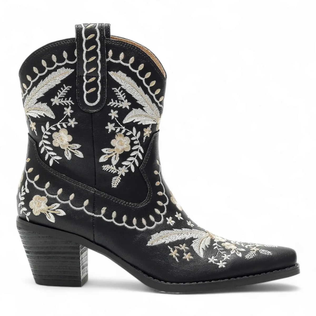 Embroidered black leather Corral Cowgirl Bootie with white and beige floral designs