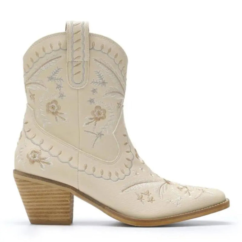 White leather Corral Cowgirl Bootie with floral embroidery and wood grain heel