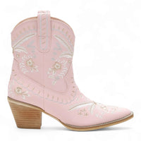 Pink Corral Cowgirl Bootie with floral embroidery and a chunky heel